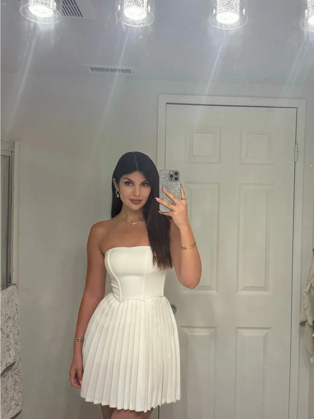 White Strapless Pleated Mini Dress
